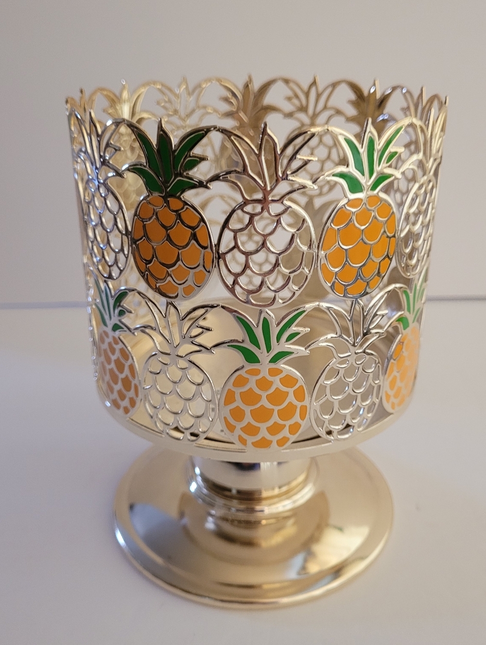 Bath & Body Works Silver & Yellow Pineapple Candle Holder 3 Wick Pedestal Stand